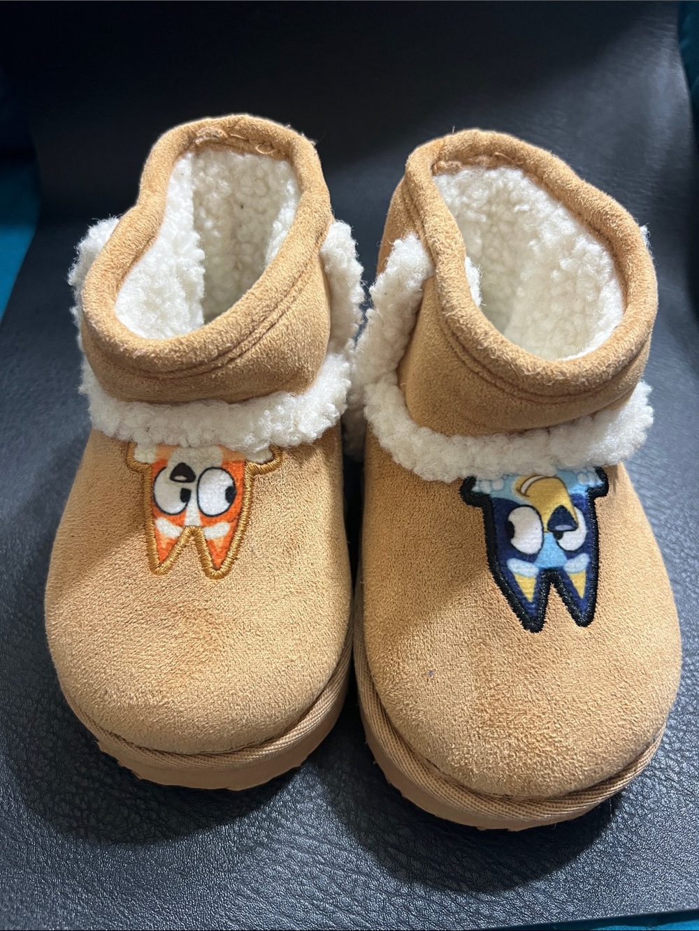 Kids Tan Fleece-Lined Booties with Playful Animal Patches